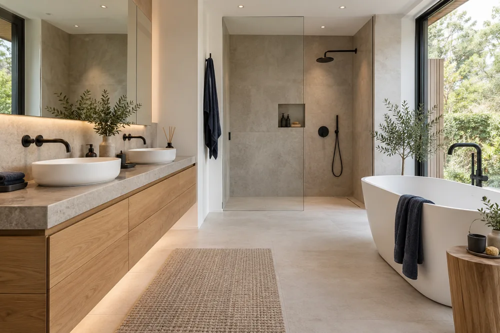 Modernes Badezimmer mit Dusche und Waschtisch