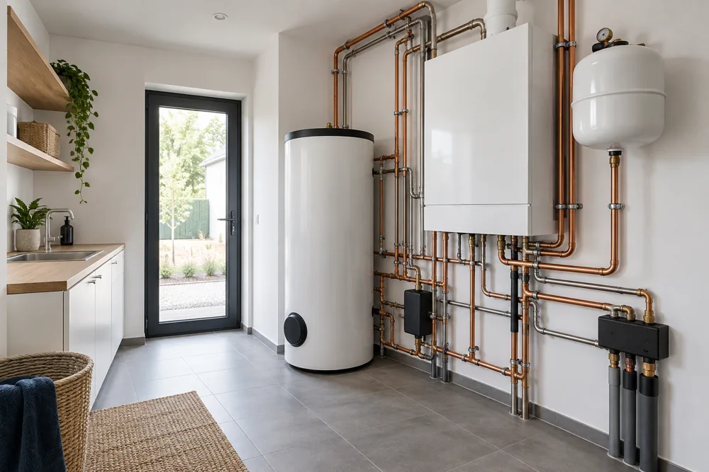 Moderne Heizungsinstallation mit Rohrleitungen